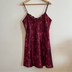 Women's Burgundy Floral Satin Slip Dress with Lace Trim